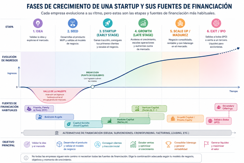 Fases de crecimiento y financiación de startups