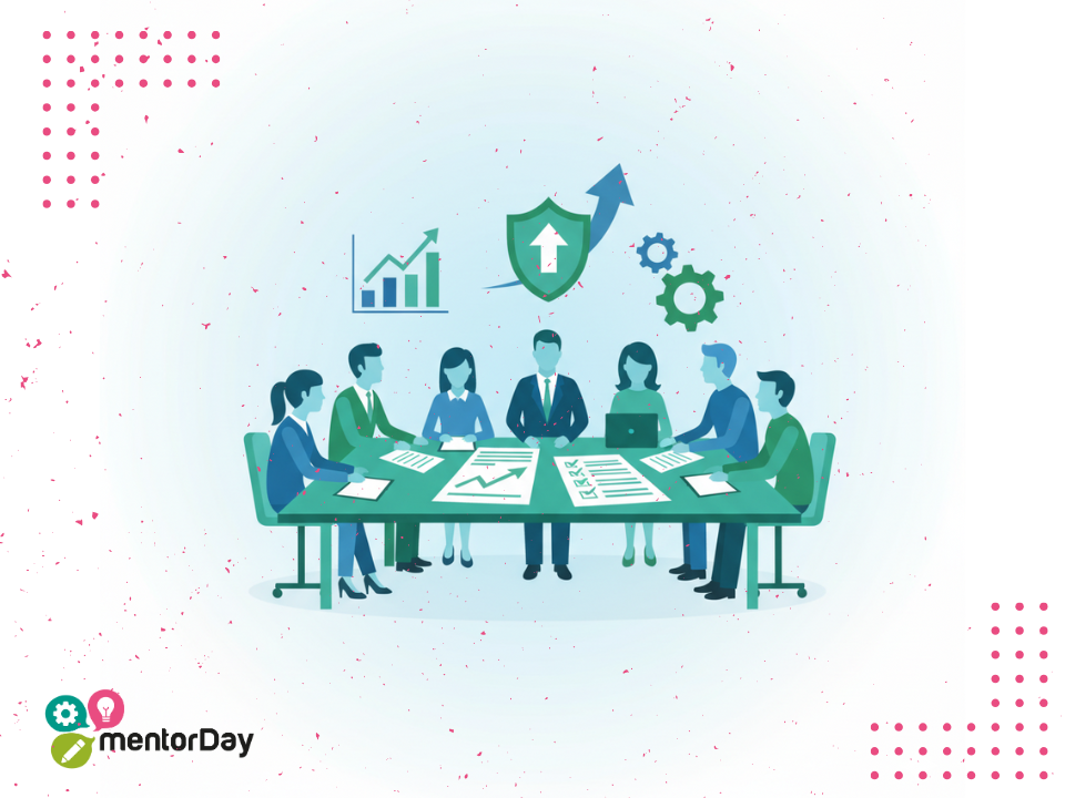 Ilustración flat de personas emprendedoras mejorando un plan de empresa para acceder a financiación, con elementos visuales de crecimiento y planificación financiera en España.