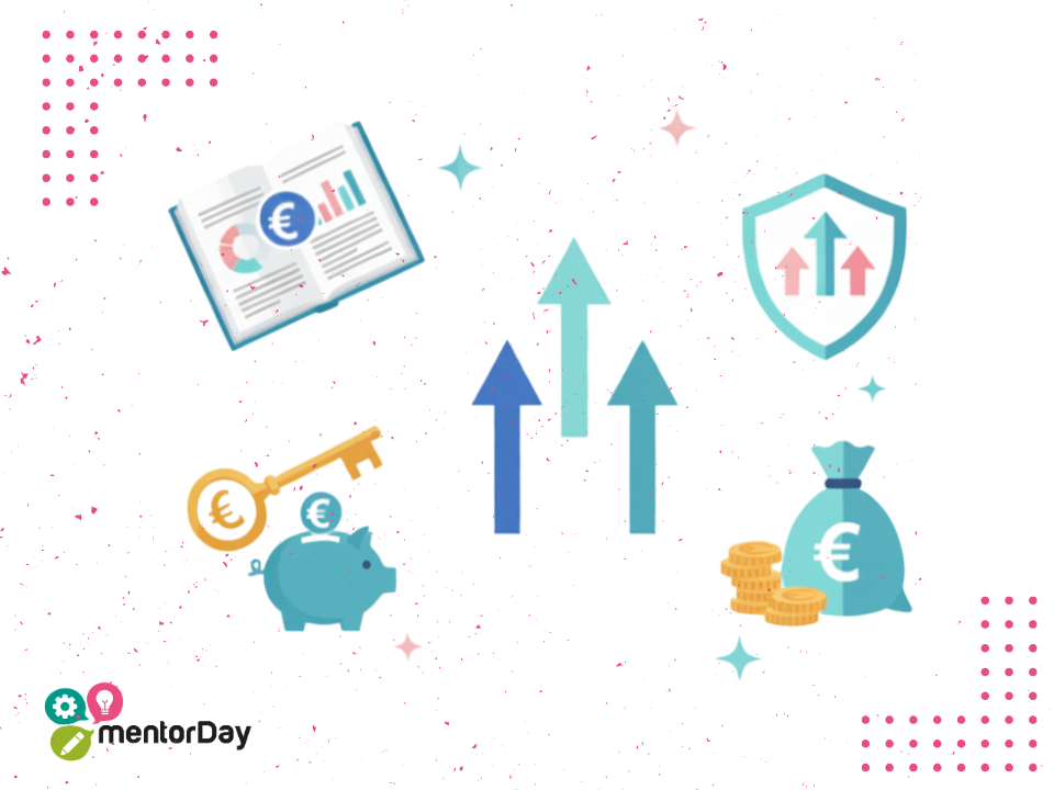 Ilustración flat sobre la financiación ICO 2025, con pymes y startups analizando opciones de crédito y planificación financiera en España.