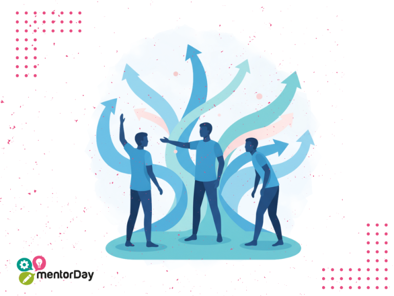 Ilustración editorial de tres personas migrantes conectadas por flujos ascendentes que simbolizan progreso, oportunidades y un futuro laboral y emprendedor en España.