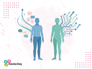 Mentoría o consultoría representadas como diálogo profesional entre dos figuras que simbolizan acompañamiento y soluciones estratégicas en España