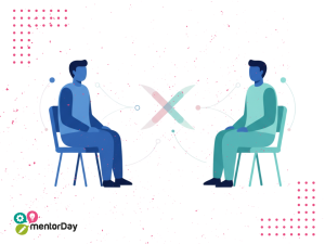 Tu mentoría no está funcionando representado como dos figuras dialogando con una X simbólica entre ellas