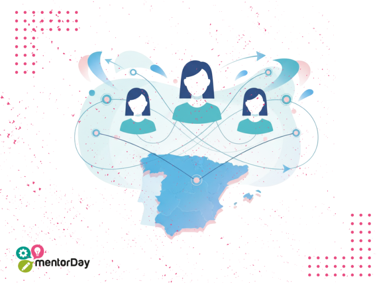 Programas de mentoring empresarial en España representados como red de emprendedores y mentores conectados estratégicamente