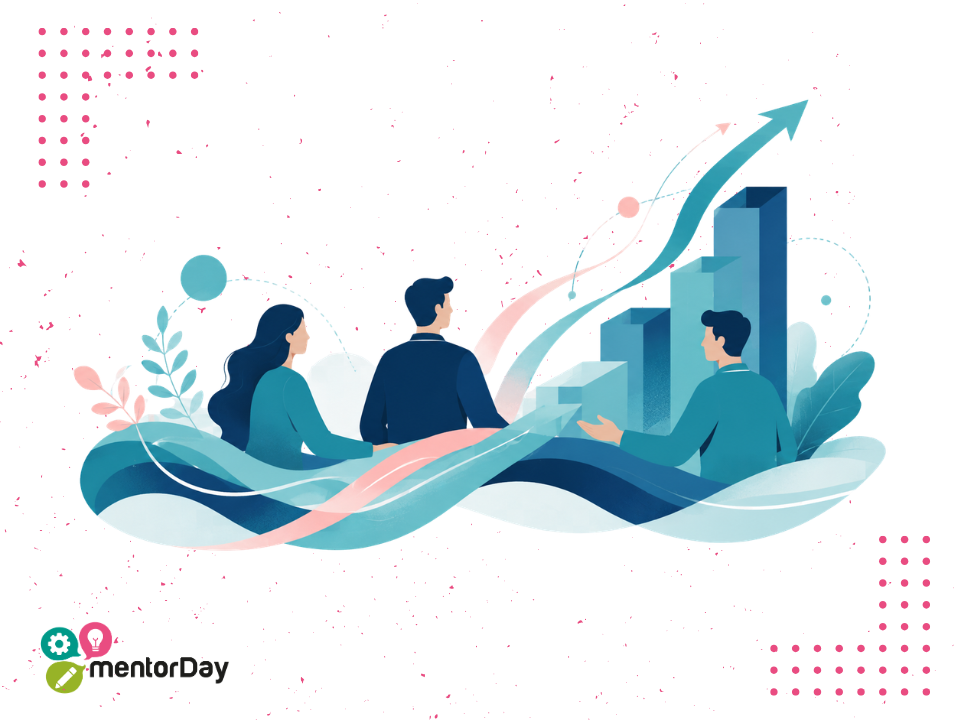 Ilustración de financiación business angels: emprendedor presentando su startup a inversores privados