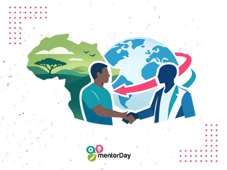 Ilustración de emprendedores africanos conectados por una red de mentoría y aceleración online