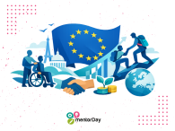 Ilustración sobre el Fondo Social Europeo y el emprendimiento inclusivo en Europa, con siluetas humanas conectadas por caminos de progreso