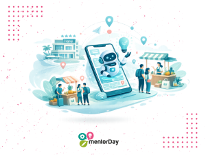 Viajero usando inteligencia artificial en un hotel para descubrir emprendedores locales y generar turismo con impacto local
