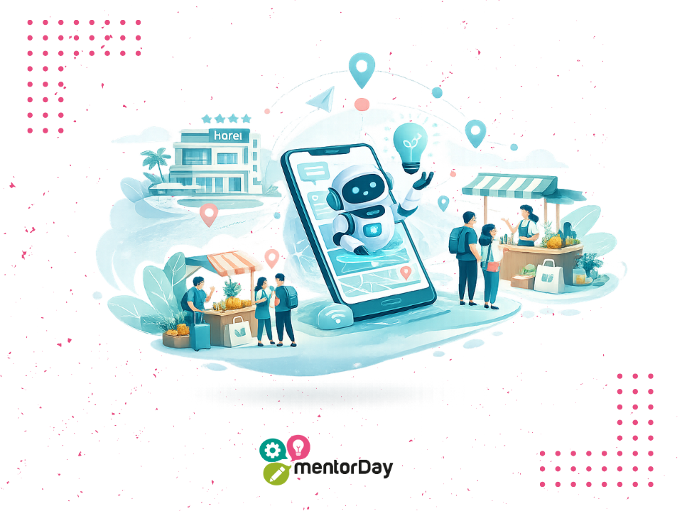Viajero usando inteligencia artificial en un hotel para descubrir emprendedores locales y generar turismo con impacto local