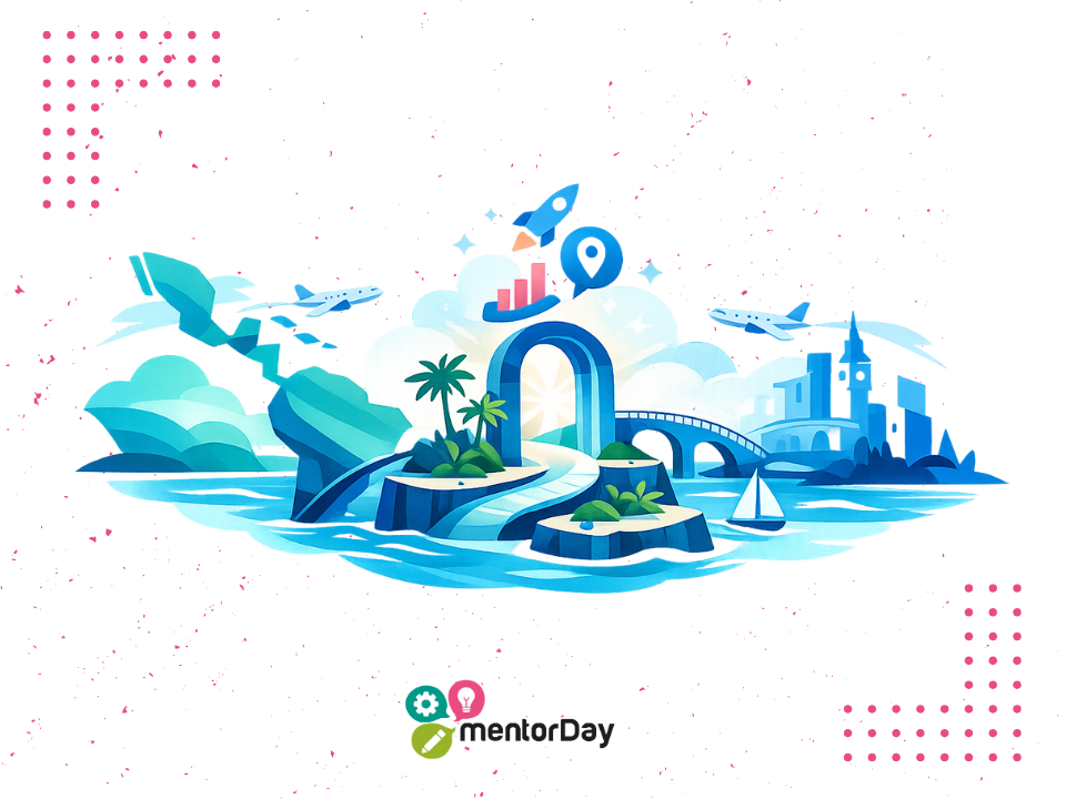 Ilustración de emprendedores latinoamericanos planificando su expansión hacia Europa desde Canarias