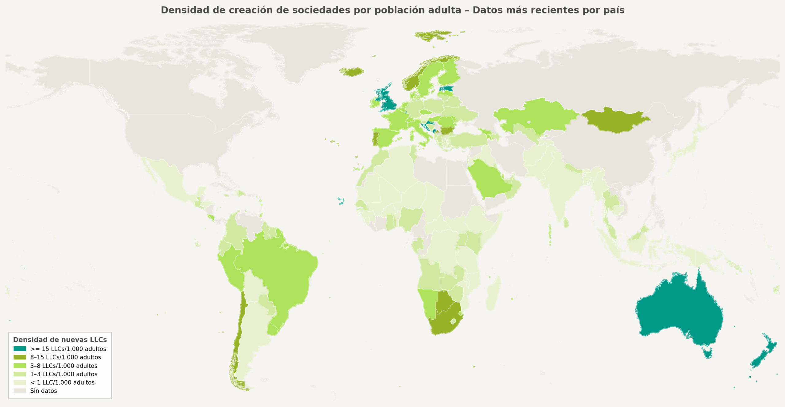 Mapa mundial de densidad emprendedora: nuevas LLCs por cada 1.000 adultos por país (World Bank ED 2025)